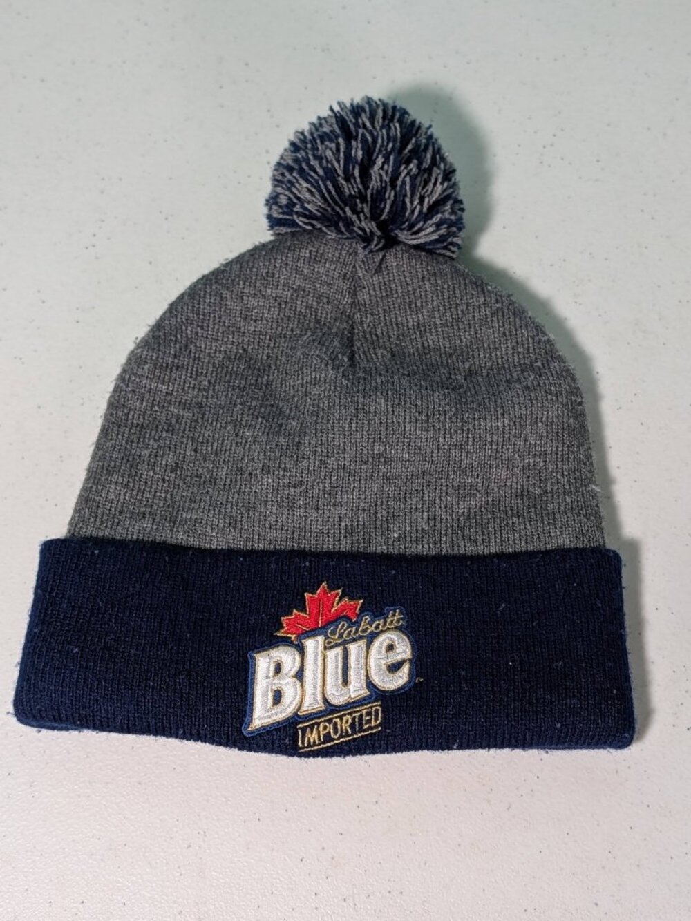 Labatt Blue Imported Beer Pom Pom Beanie Stocking Cap Blue & Gray